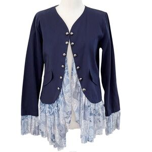 Navy Ruffle Military Style Blazer Jacket Retro Victorian Renaissance Medium